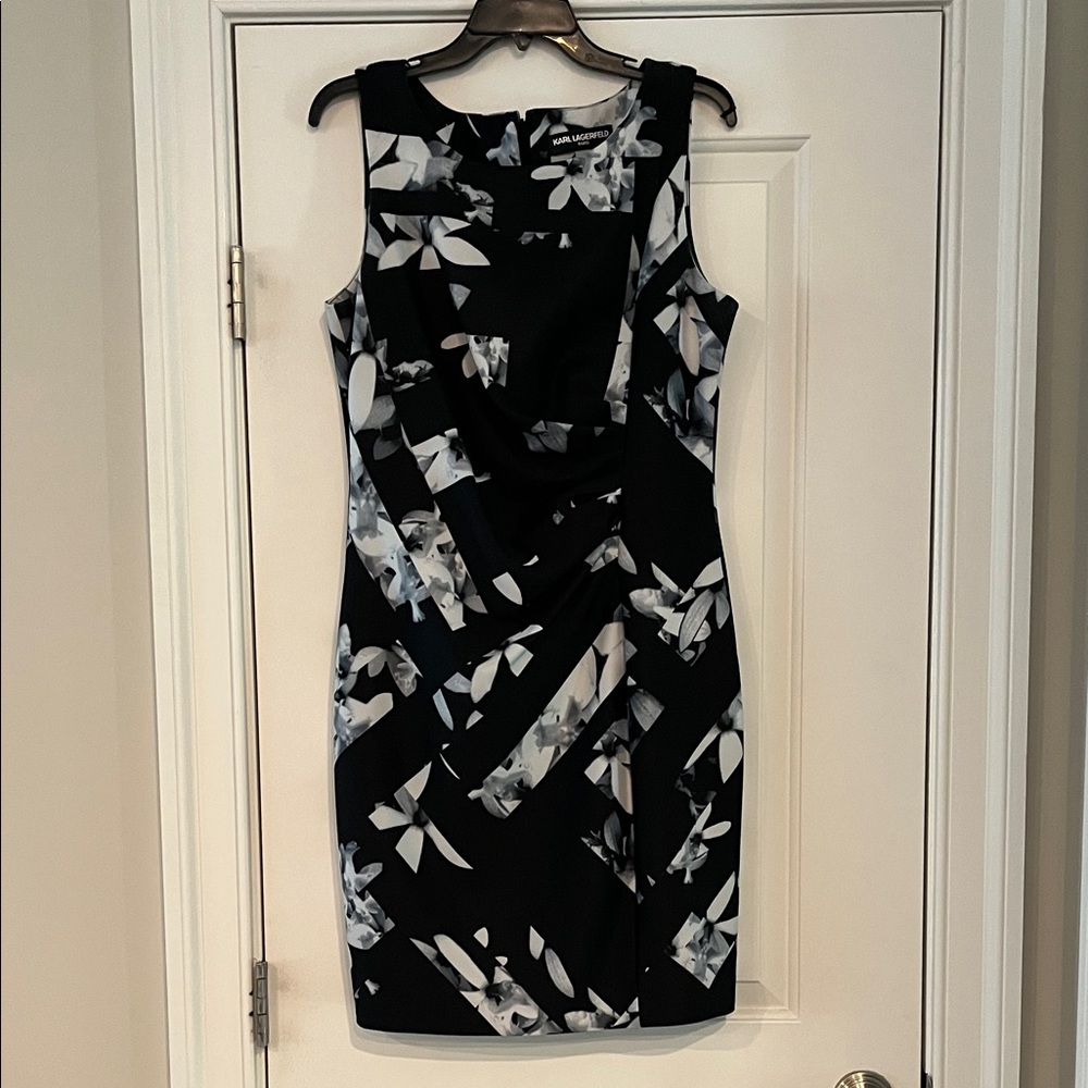 Karl Lagerfeld Black and White Patterned Ruched Sheath Dress